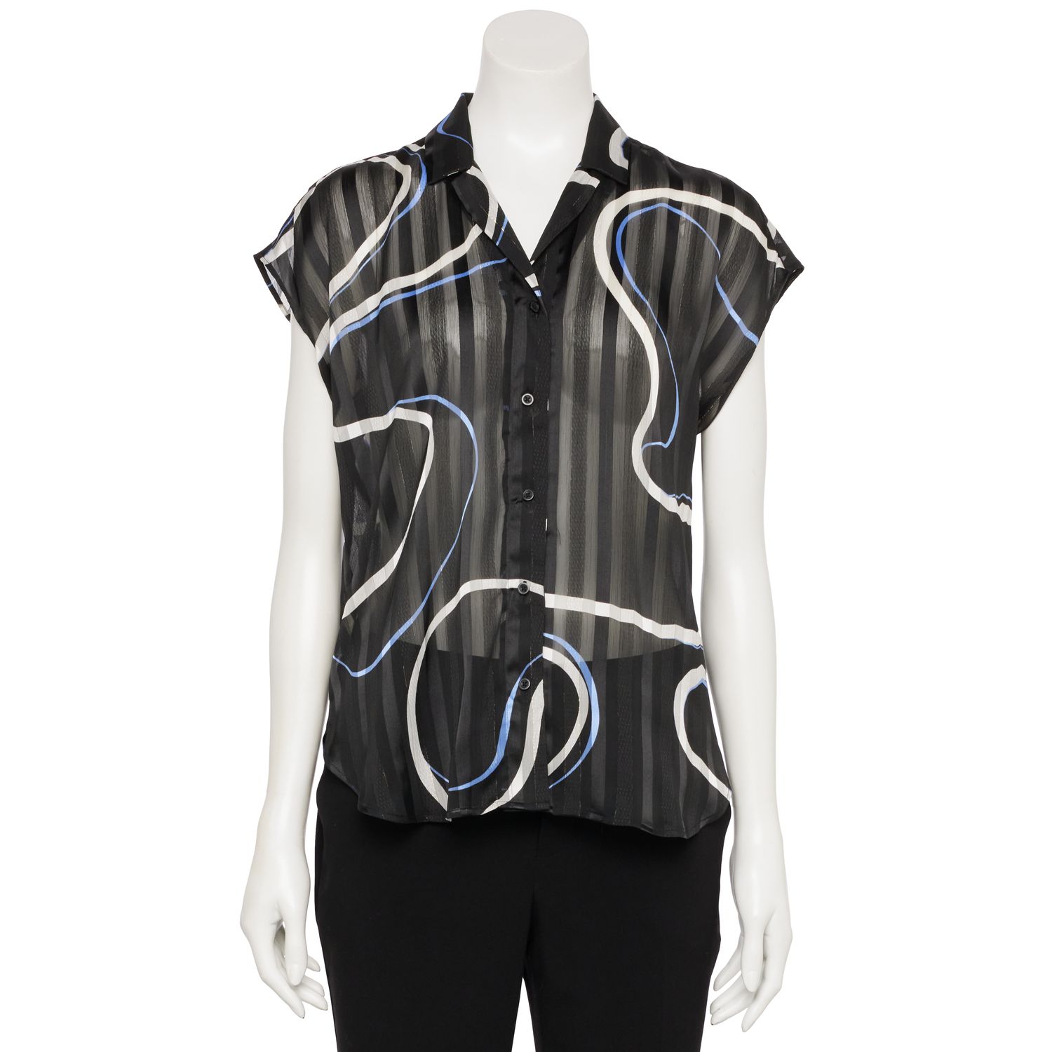 Women's Nine West Adaptive Short Sleeve Button Down Lapel Collar Shirt Color: Black Simple Swirl Size: SMALL